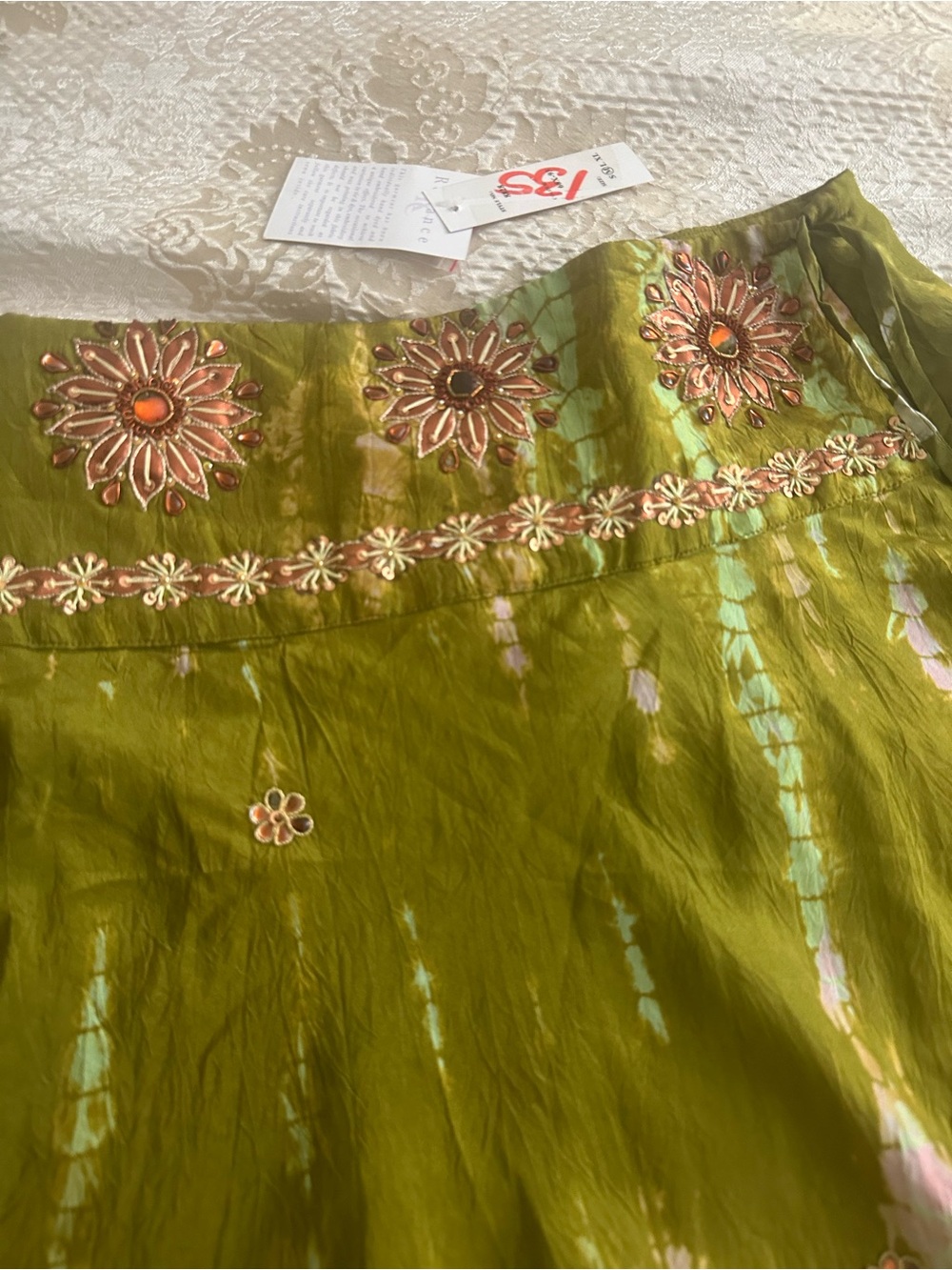 Boho Embroidered Maxi Skirt in Olive Green